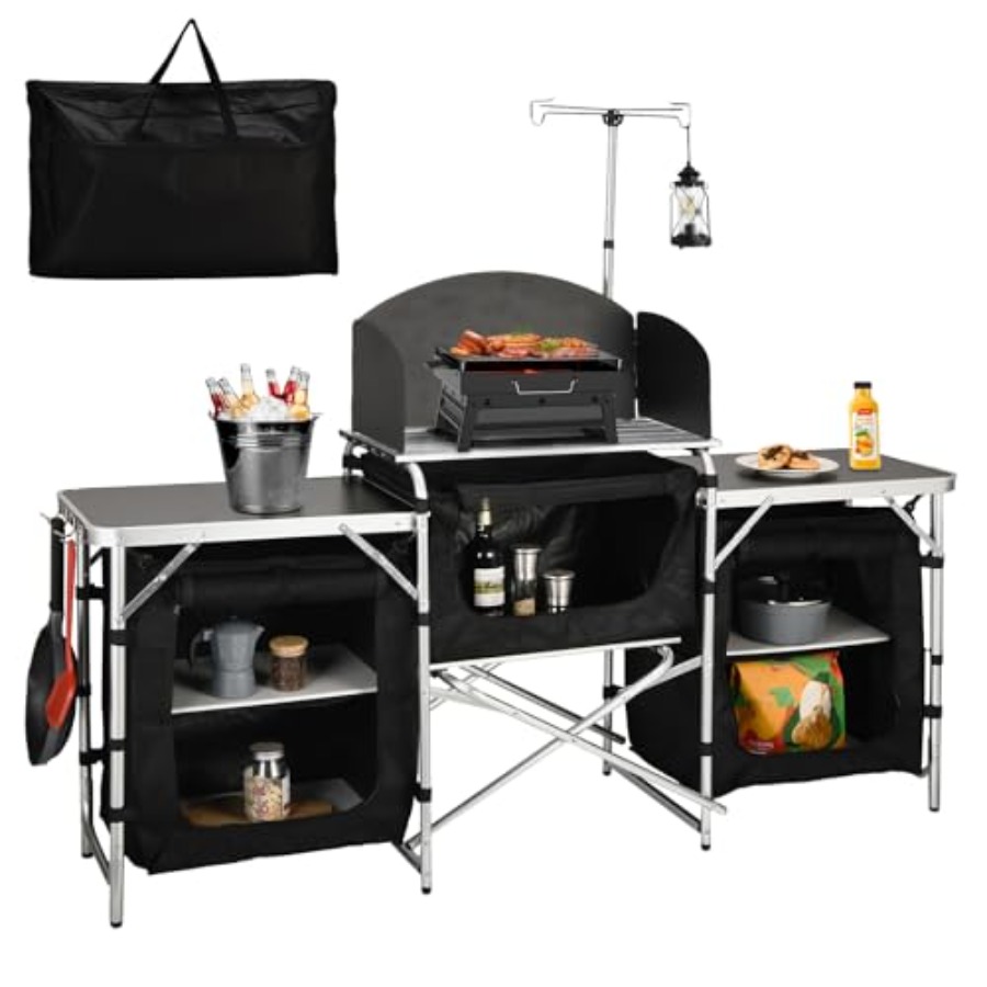 Camping Cooking Table With Windshield - Cmaping Kitchen Table, Aluminum Folding Camping