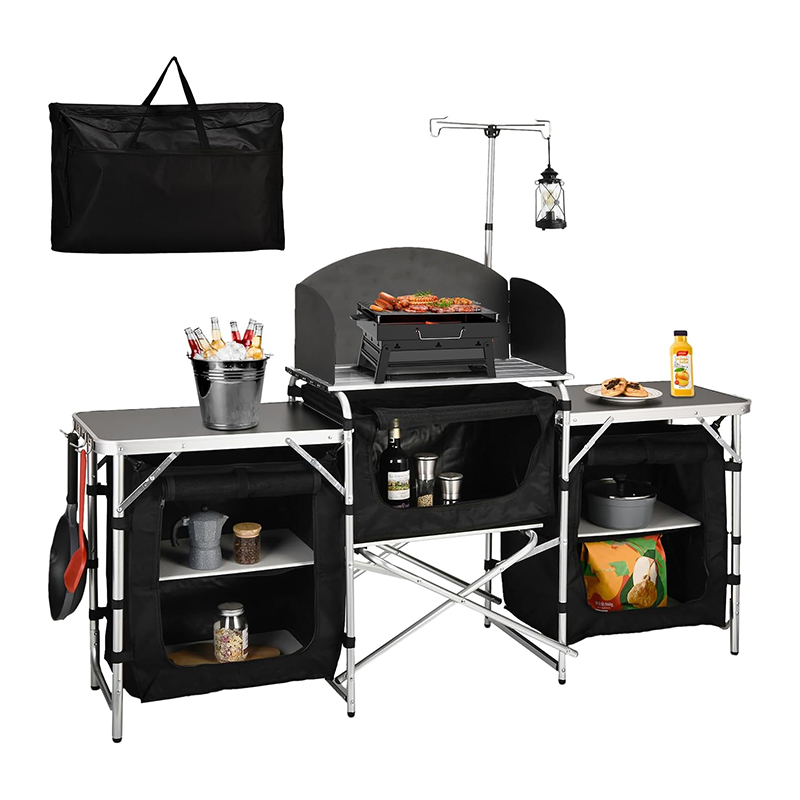 Camping Cooking Table With Windshield - Custom Versatile 3 Cabinets Removable Windshield