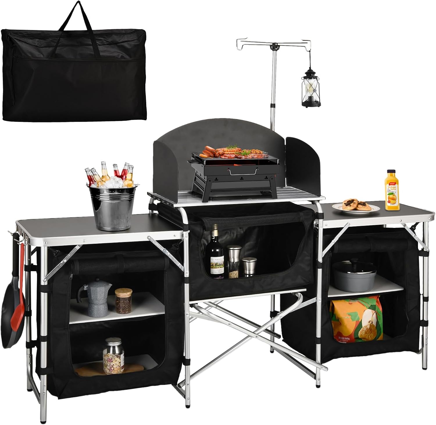 Camping Cooking Table With Windshield - Aluminum Folding Camping Kitchen Table and